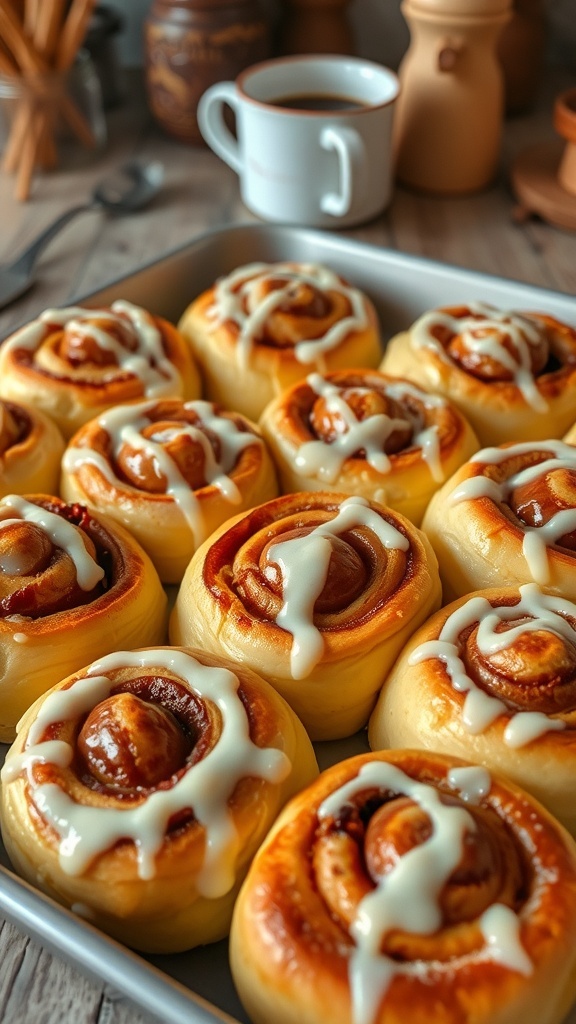 A tray of golden brown cinnamon rolls topped with icing, served on a rustic wooden table.